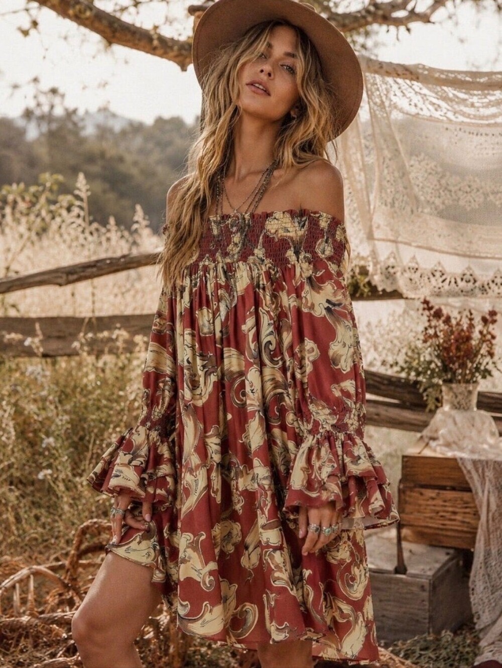 Boho Off The Shoulder 3/4 Tiered Smocked Sleeve Mini Dress Tunic Top